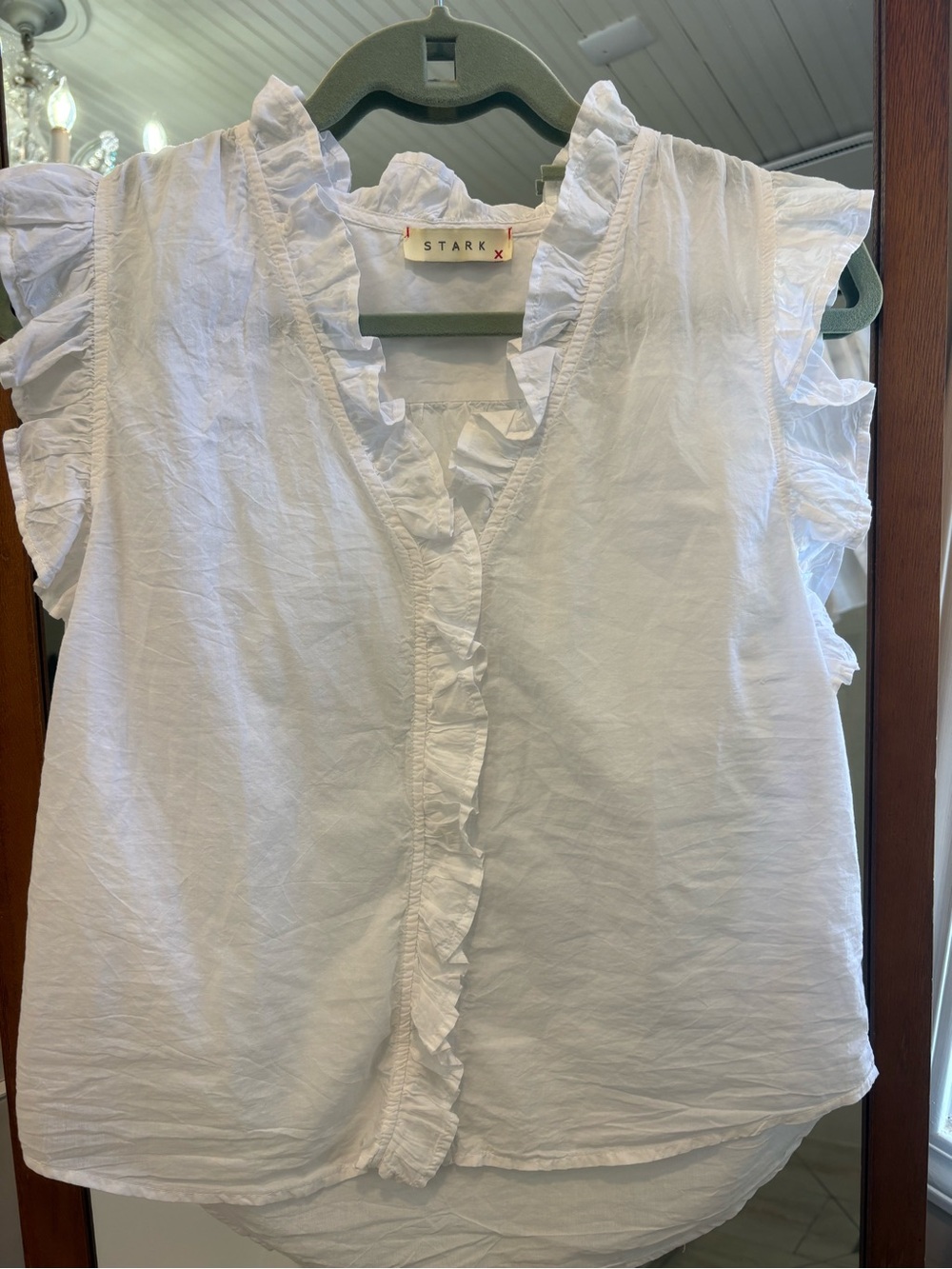 Stark X White Ruffle Sleeve V-Neck 100% cotton make in the US Top size XS